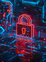 Poster - A glowing digital padlock in a high-tech environment filled with neon blue and red lights, symbolizing cybersecurity and data protection.