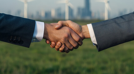 Businessmen shaking hands in green field with wind turbines in background, symbolizing partnership and collaboration in sustainable environment