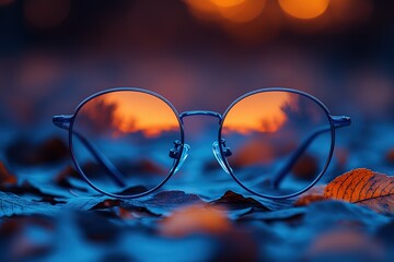 A pair of glasses is sitting on a pile of leaves