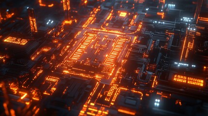 Wall Mural - Abstract digital background with glowing orange lines and circuit board texture.