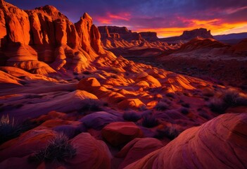 Wall Mural - stunning vibrant sunset over majestic colorful desert rock formations highlighting awe beauty, colors, landscape, horizon, sky, nature, scenic, twilight