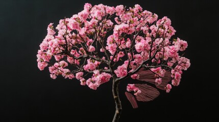 Poster - This stunning cherry blossom tree showcases its vibrant pink blooms on bare branches, creating a beautiful contrast against a dark background, capturing the essence of spring.