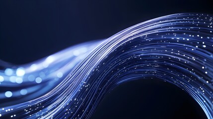 Wall Mural - Blue fiber optic cables flowing in a smooth arc, emitting soft light in the dark, representing data flow and high-speed communication, abstract tech energy