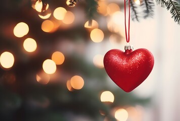 Wall Mural - red heart christmas ornament with lights and pine