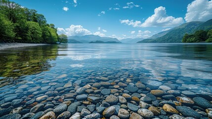 Crystal clear lake with pebbles visible beneath the water surface, surrounded by lush green trees and mountains under a vibrant blue sky with fluffy clouds