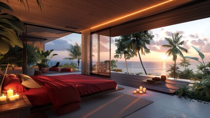 Poster - A bedroom with a red bed and a view of the ocean