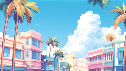 Wall Mural - Vibrant pastel-colored art deco buildings line ocean drive, palm trees sway in the ocean breeze, against a bright blue sky with puffy white clouds. Deco Art. Illustration