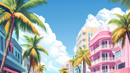 Wall Mural - Vibrant pastel-colored art deco buildings line ocean drive, palm trees sway in the ocean breeze, against a bright blue sky with puffy white clouds. Deco Art. Illustration