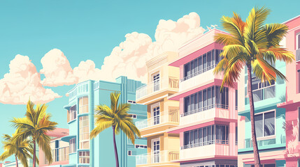 Wall Mural - Vibrant pastel-colored art deco buildings line ocean drive, palm trees sway in the ocean breeze, against a bright blue sky with puffy white clouds. Deco Art. Illustration