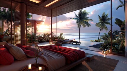 Poster - A bedroom with a view of the ocean and palm trees