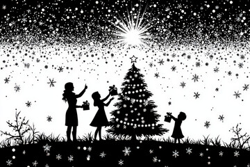 A family decorates Christmas tree under starry sky, creating joyful and festive atmosphere. silhouettes of figures and falling snowflakes enhance magical feeling of holiday season