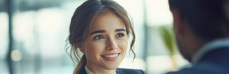 Poster - A woman with a smile on her face is talking to a man