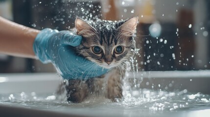 Poster - A cat mid-bath, standing in shallow water in a tub, shaking off droplets with its fur soaking wet, while a person with gloves gently holds it.