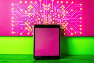Poster - A vibrant display of technology and creativity with a tablet against a bright background, showcasing digital connections. Generative AI