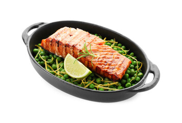 Delicious grilled salmon fillet with lime and green peas in baking dish isolated on white