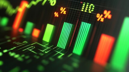 Aufkleber - A close-up of a 3D bar graph with green and red bars, illustrating financial growth and decline, with percentages floating above each bar and a stock ticker in the background.