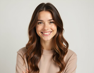 Wall Mural - A young, smiling Caucasian woman with long brown hair posing against a plain background