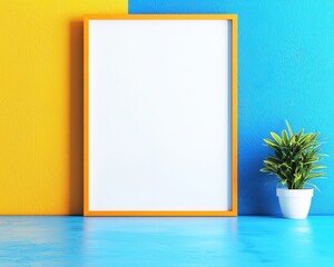 Poster - Empty frame on vibrant blue and yellow wall