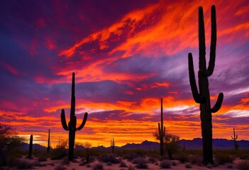 Wall Mural - breathtaking desert sunsets featuring striking silhouettes rock trees colorful sky, cactus, clouds, orange, purple, yellow, landscape, horizon, light