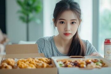 Asian woman with takeaway food and drinks at home. consumption eating home delivery food. enjoying delicious takeaway delivery tasty meal. generative ai