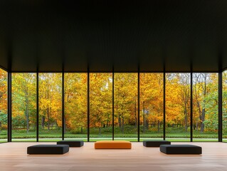 Poster - Modern interior with large windows, autumn view
