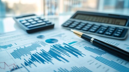 Aufkleber - A close-up of a financial report with detailed graphs and charts, alongside a pen and calculator, emphasizing the importance of data analysis in banking decisions.