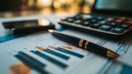 Aufkleber - A close-up of a financial report with detailed graphs and charts, alongside a pen and calculator, emphasizing the importance of data analysis in banking decisions.