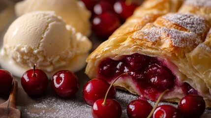 Poster - A close-up of a freshly baked cherry strudel, with vibrant red cherries oozing from the crispy layers of pastry, served with a side of vanilla ice cream.