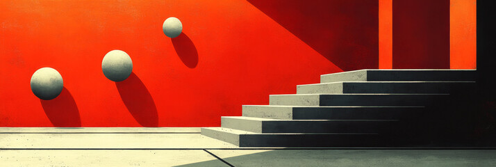 Poster - Abstract concrete stairs leading up to a red wall with three floating spheres.