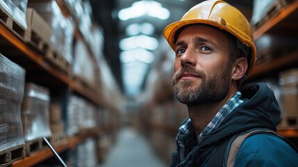 Worker in warehouse with safety helmet, focused on task.