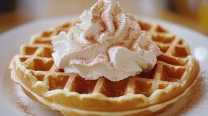 Poster - A close-up of a golden waffle topped with whipped cream and a sprinkle of cinnamon, placed on a white ceramic plate, creating an inviting and delicious appearance