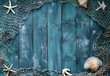 © Eva - Rustic Blue Wooden Background with Seashells and Fishing Net