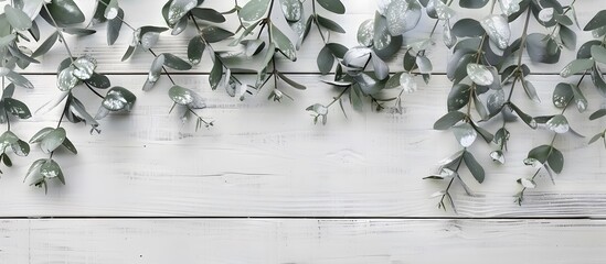 Wall Mural - white wood background with eucalyptus and mistletoe