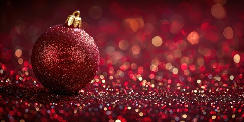 A close-up image of a glittering red Christmas ornament set against a sparkling red background, capturing the festive holiday spirit with vivid, shimmering details and warm lighting effects