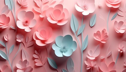 Wall Mural - Charming 3D Paper Cut Aesthetic with Pastel Flowers and Minimalistic Design in Soft Light and Shadows