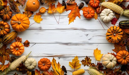 Wall Mural - autumn harvest wooden background with pumpkins & leaves