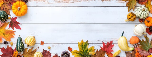 Wall Mural - autumnal white wooden background with fall decor