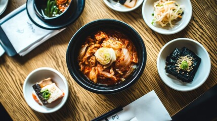 A vibrant bowl of kimchi made with cabbage, sitting next to other traditional Korean side dishes, all neatly arranged on a wooden table.