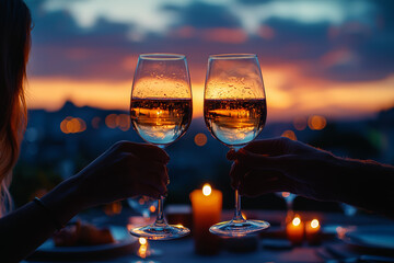 Sticker - A couple enjoying a sunset dinner on a rooftop terrace, with wine glasses raised in a toast.