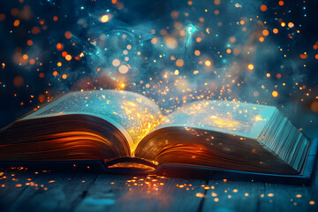 Wall Mural - Magic book with open pages and abstract bokeh background.