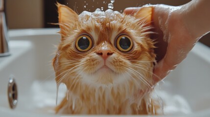 Poster - A close-up of a wet cat with wide eyes, standing in a sink, fur clinging to its body while a person gently washes it with a soft sponge.