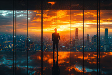 Poster - a ceo standing in front of a large window in a minimalist office, gazing out at the city skyline wit