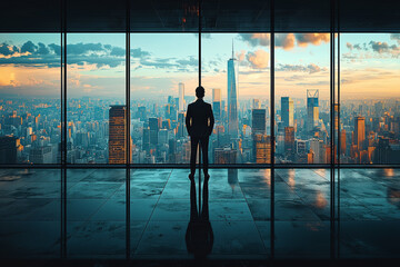 Sticker - A CEO standing in front of a large window in a minimalist office, looking out at the city skyline with a thoughtful expression.