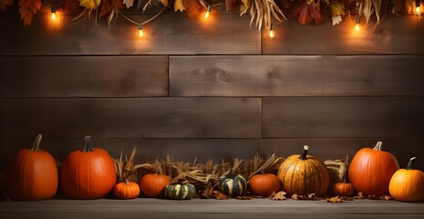 Wall Mural - rustic fall wooden background with pumpkins