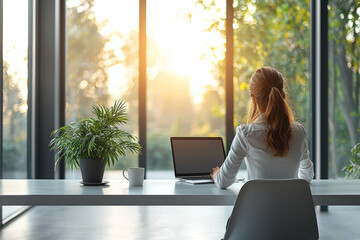 Poster - A businesswoman typing on her laptop at a sleek, minimalist desk, with nothing but a cup of coffee beside her.