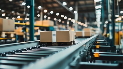 Poster - packages being transported on a conveyor belt in a busy distribution center during the day