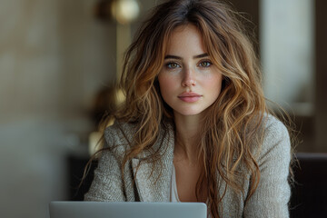 Poster - A businesswoman sitting at a sleek, minimalist desk, typing on her laptop with a calm and focused expression.