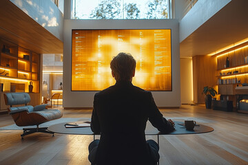 Poster - A businessman giving a presentation in a minimalist office, with only a projector screen behind him.