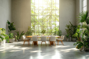 Poster - a business meeting in a bright, minimalist room, with only a table and chairs in the space.