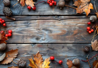 Wall Mural - rustic autumn wooden background with fall leaves & berries
